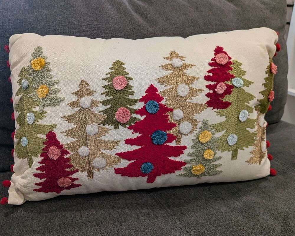 Pier 1 Pillow Christmas Lumbar Textured Trees & Pom Pom Trim Modern Country